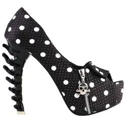 LF80624-2 Punk Black Skull Head Zip Peeptoe Platform Bone Heels Pumps