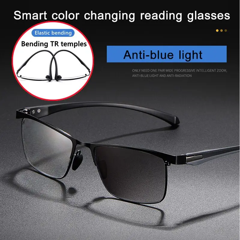 

Multifocal Progressive Photochromic Reading Glasses Unisex Anti Blue Ray Hyperopia Eyewear Alloy Full Frame Black Glasses