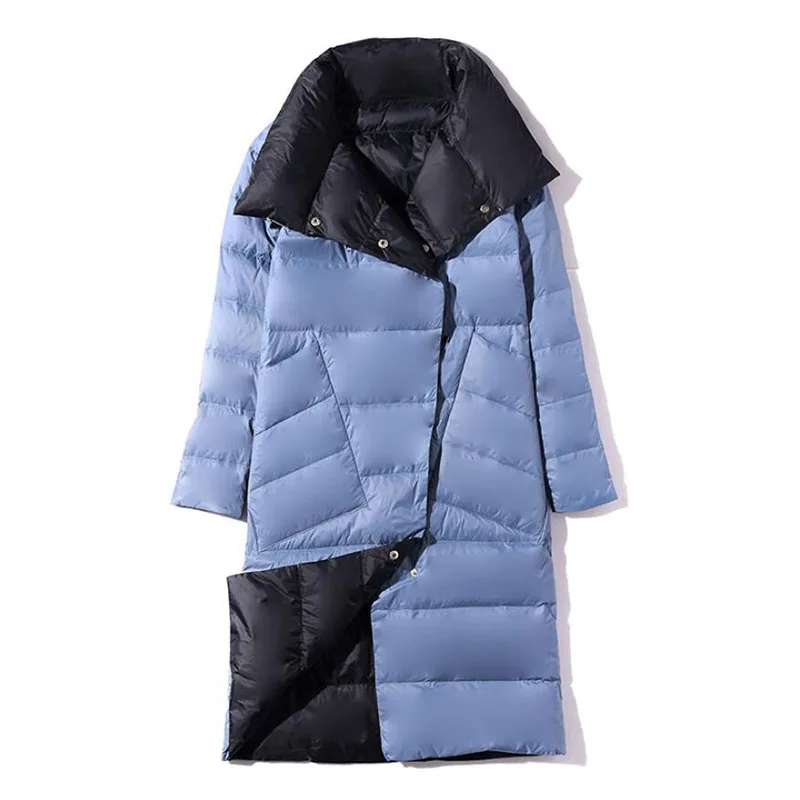 Women Double Sided Down Long Jacket Winter Turtleneck White Duck Down Coat Double Breasted Warm Parkas Snow Outwear