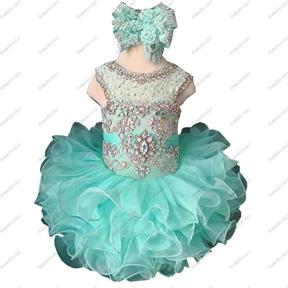 

Cute Light Aqua Blue Cupcake Toddler Girls Pageant Birthday Party Dresses for Wedding Prom Sheer Neck Ruffles Rhinestones