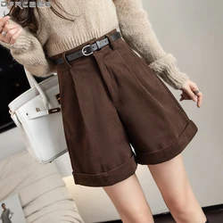 Màu Đen Kaki Màu Nâu Mùa Đông Của Phụ Nữ Quần Short Giản Dị Loose Wide Leg Vải To Sợi Len Quần Short Feminino Với Vành Đai Cao Eo Ngắn femme