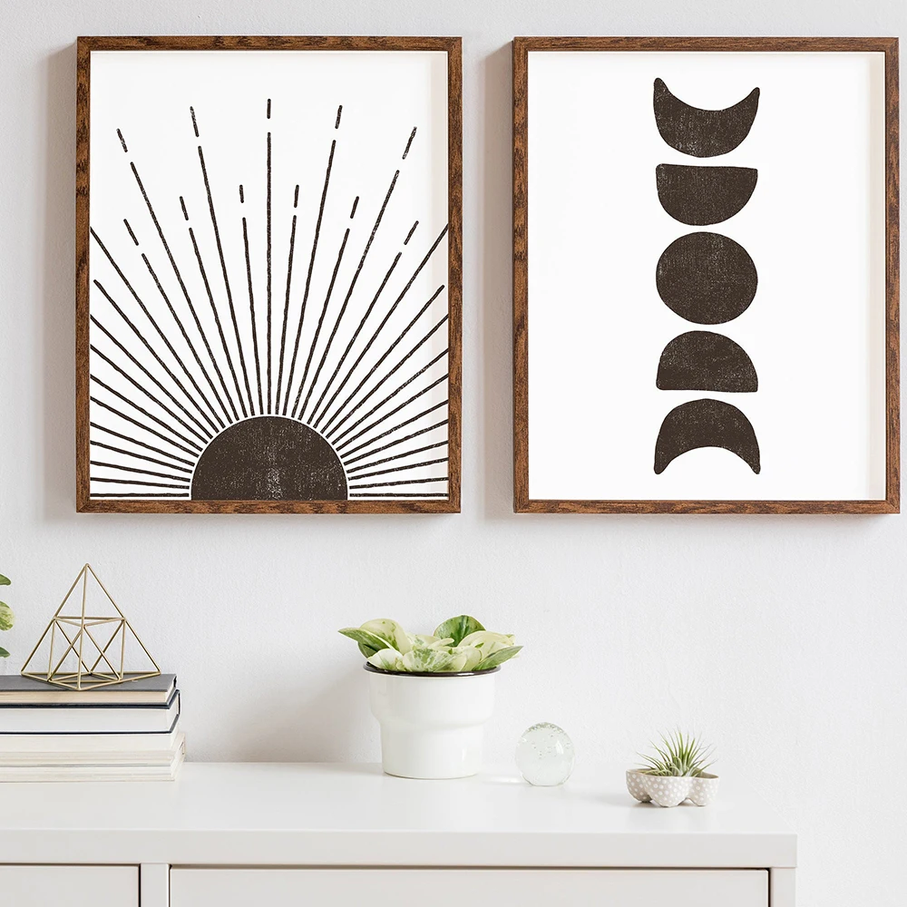 Nordic Black White Sun and Moon Phases Wall Art Canvas Poster Minimal Print Mid Century Painting Pictures for Living Room Decor