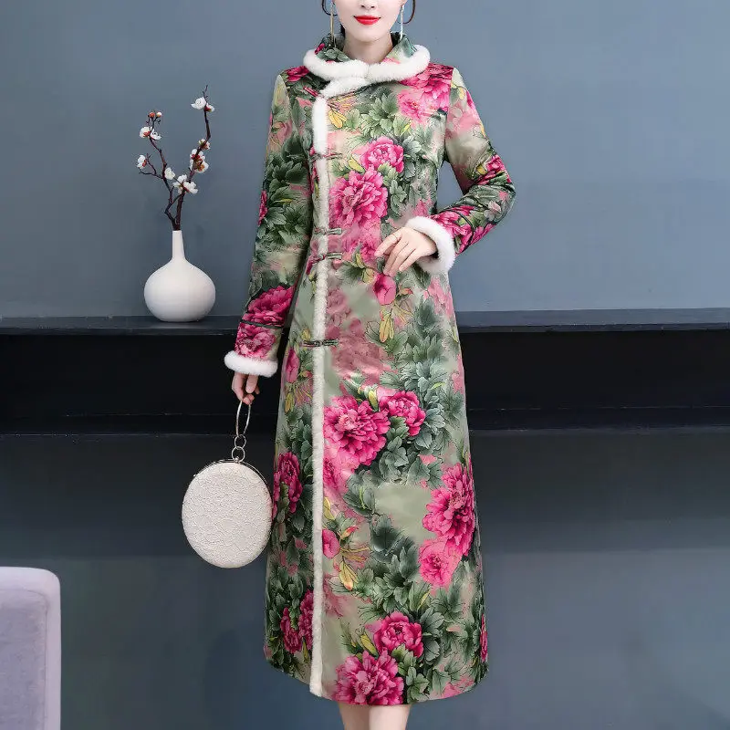 

Qipao Winter Dress Quilted 2021 Fashion New Fur Collar Chinese Ethnic Style Women's Thickened Retro Modern Cheongsam Tops y1493