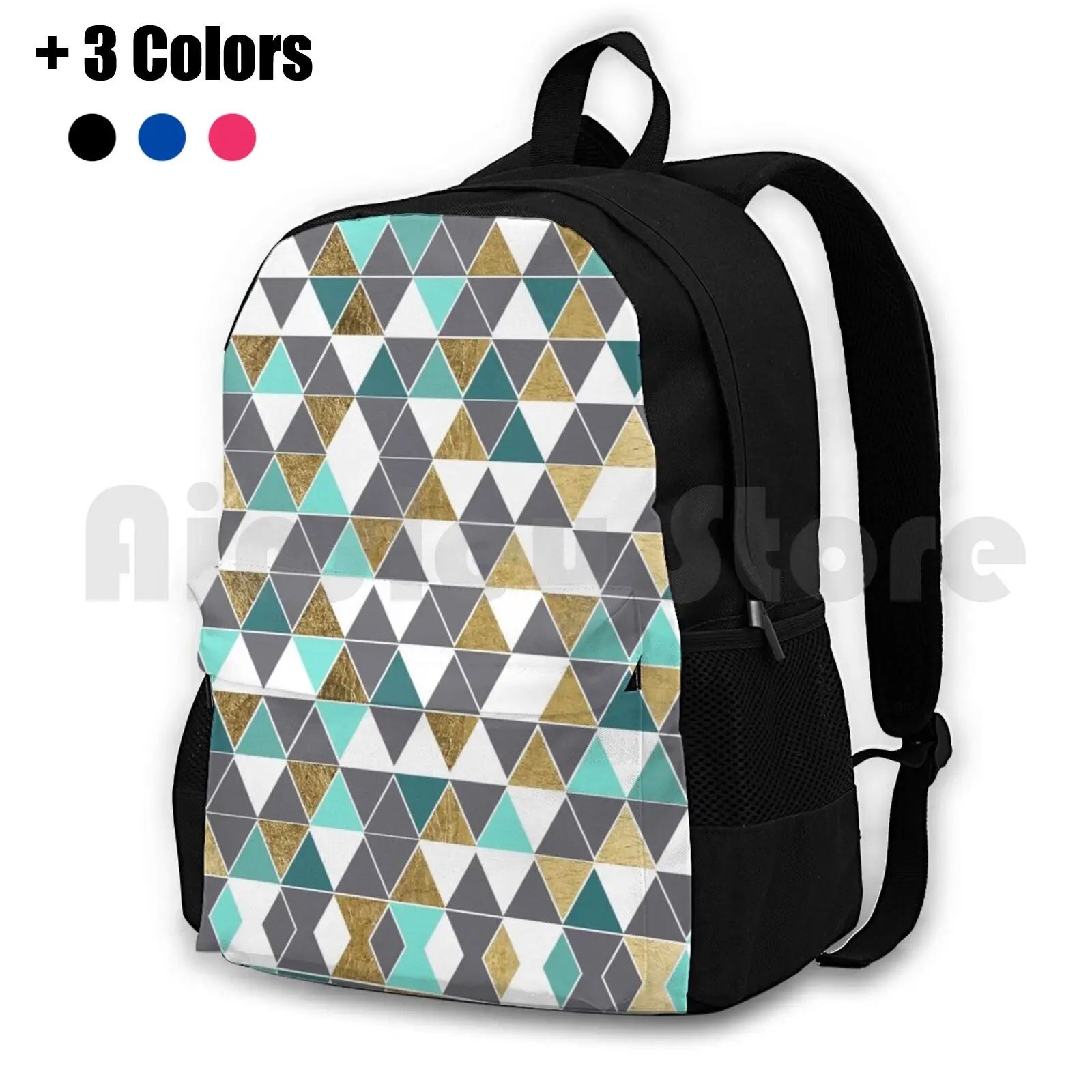 Modern Gray White Teal And Faux Gold Outdoor Hiking Backpack Waterproof Camping Travel Geometric Patterns White Simple Gold