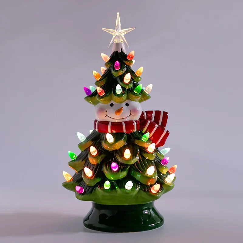 Customized 2021 table decoration LED lighting gift snowman ceramic Christmas tree (minimum order of 1000 pieces)