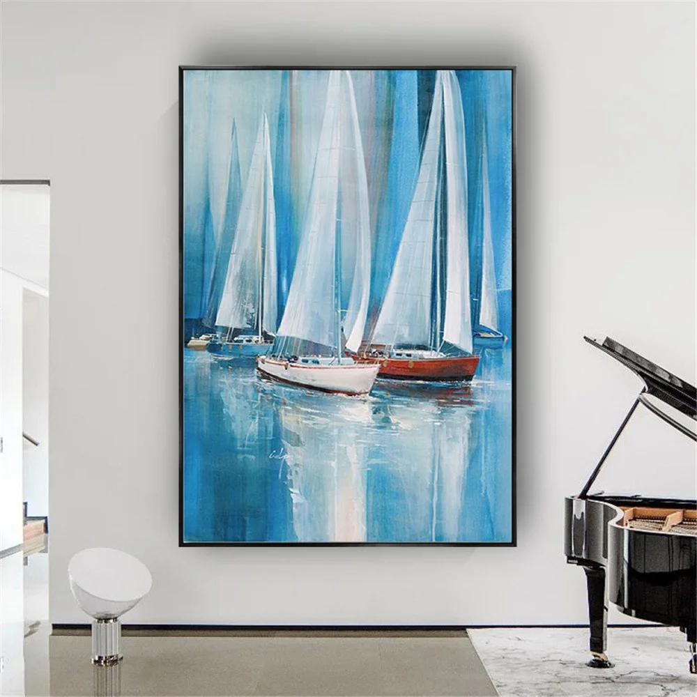 

100% Hand-Painted Modern Sea Beach Wall Art Canvas Oil Painting Mediterranean Exhibits For Home Hotel Living Room Decor Poster