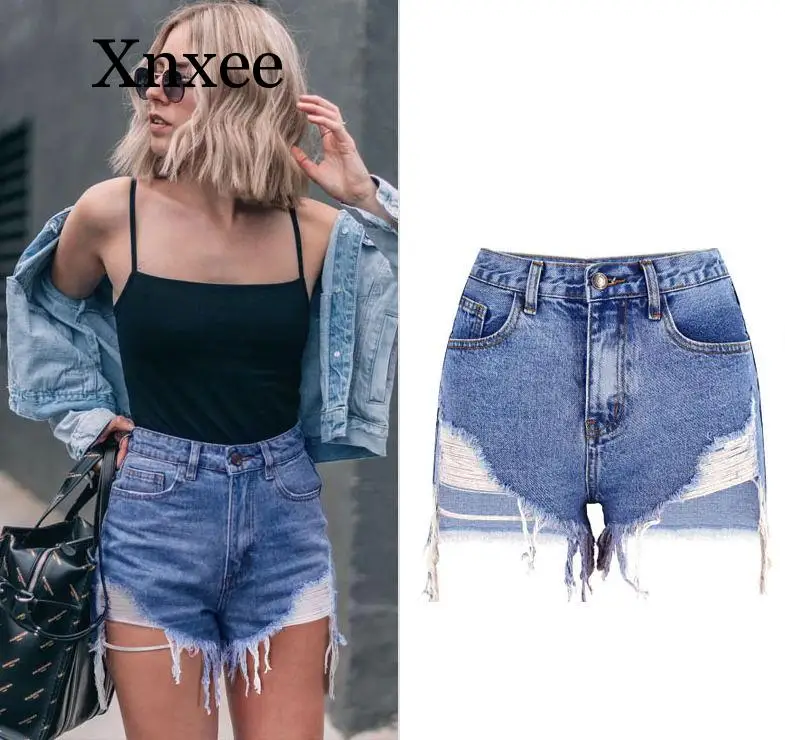 

Women Short Jeans 2020 Europe Style Vintage High Waist Tassel Denim Shorts Luxury Slim Casual Ripped Short Jeans Denim Hole