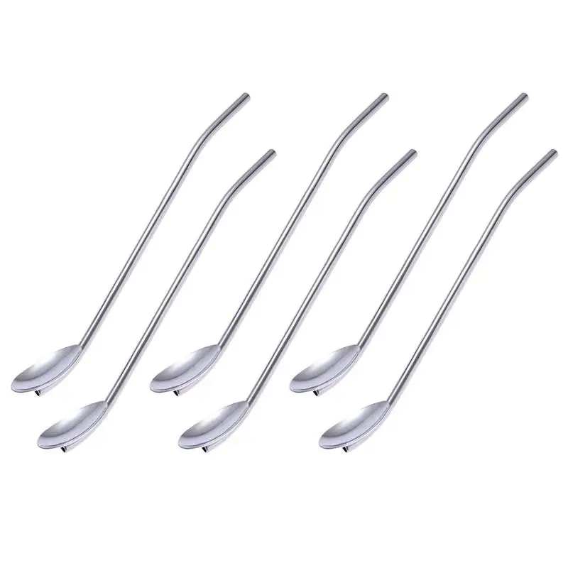 6Pcs Stainless Steel Drinking Straw Spoon Reusable Coffee Spoon Stirrers Grounds Cocktail Smoothie Stirrer Spoon Tea Tools Bar