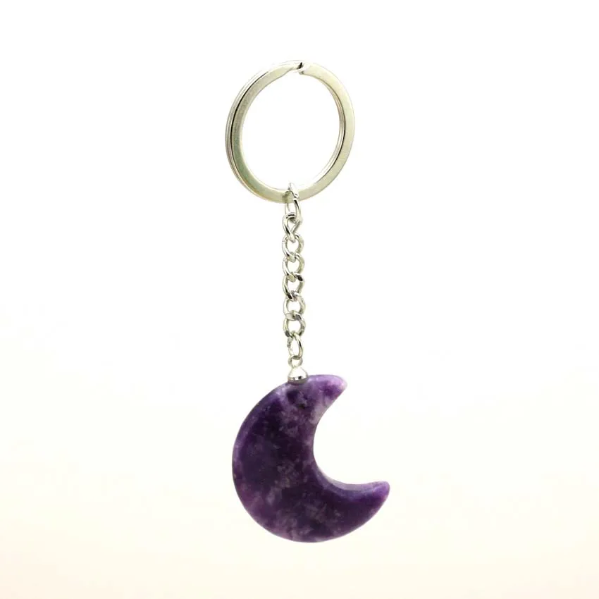 KFT Crescent Moon Key Chain Lilac Rose Pink Quartz Polar Jade Red Jasper Opal Moon Shape Stone Pendant Keychain Jewelry