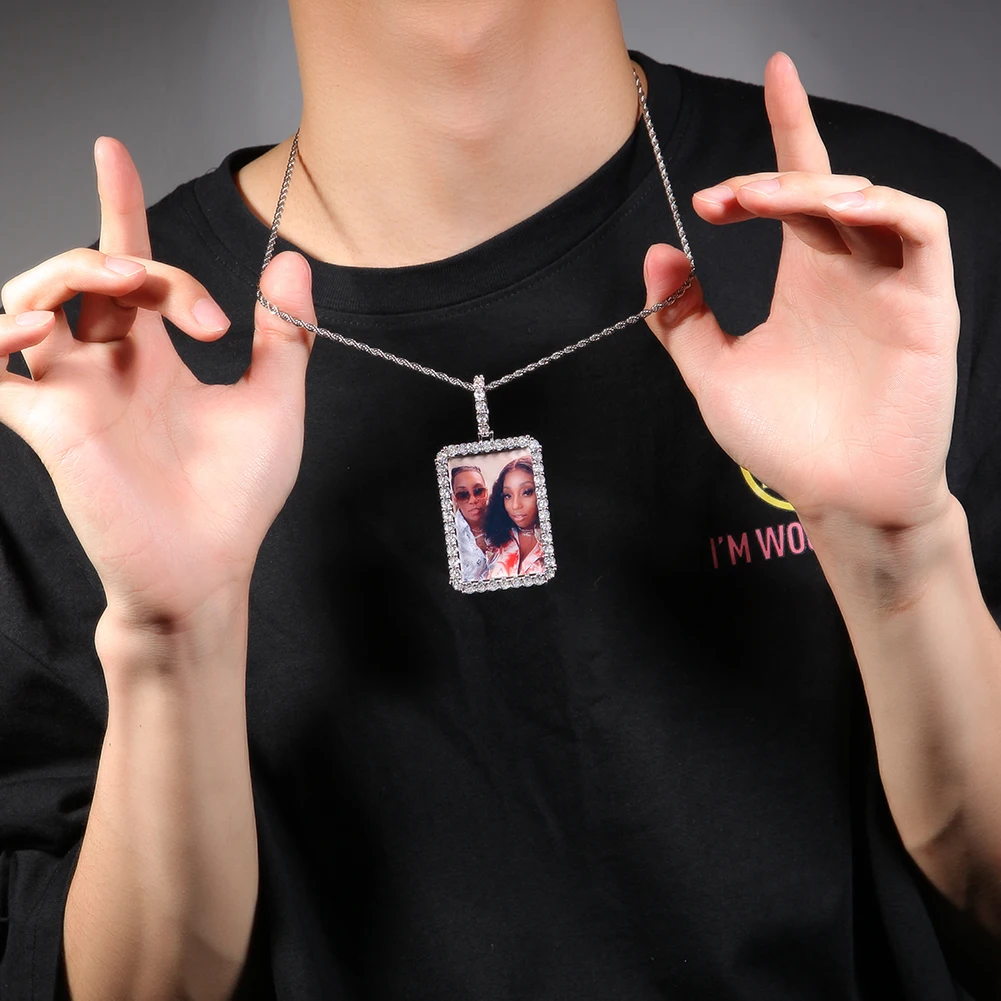 The BLING KING 2 Sizes Rectangle Shape Photo Pendant Iced Out Cubic Zirconia Can be Engraved Name Custom Picture For Memory Gift