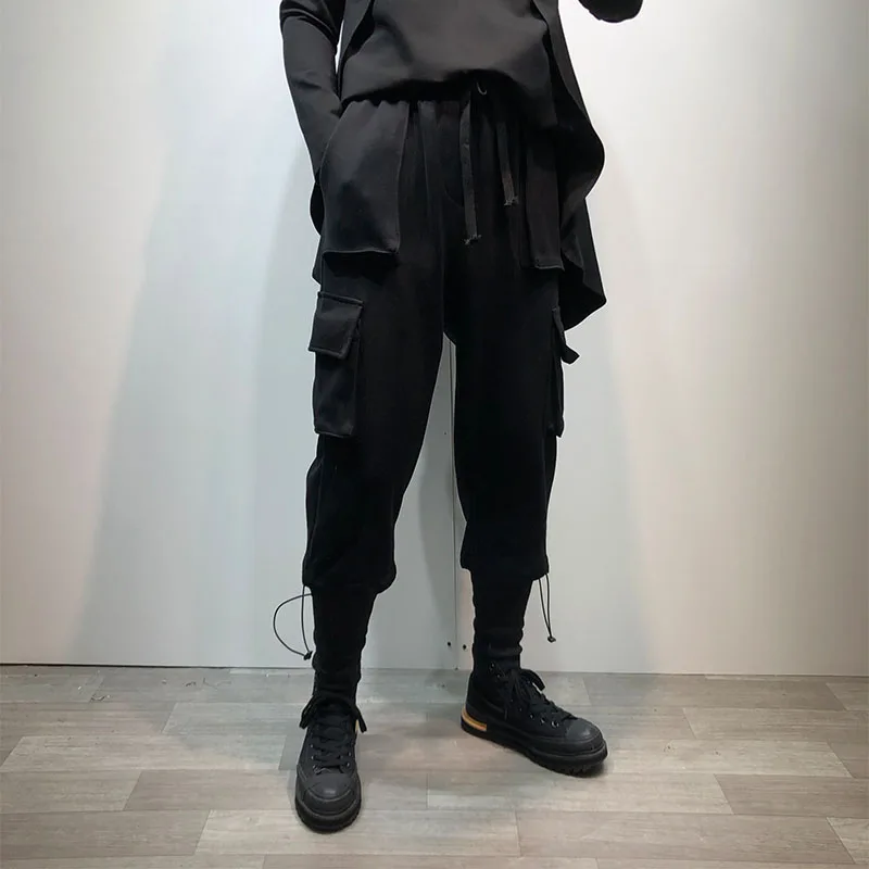 Fall and winter style loose casual pants, leg bunched pants, cargo pants, black elastic waist casual fashion pants