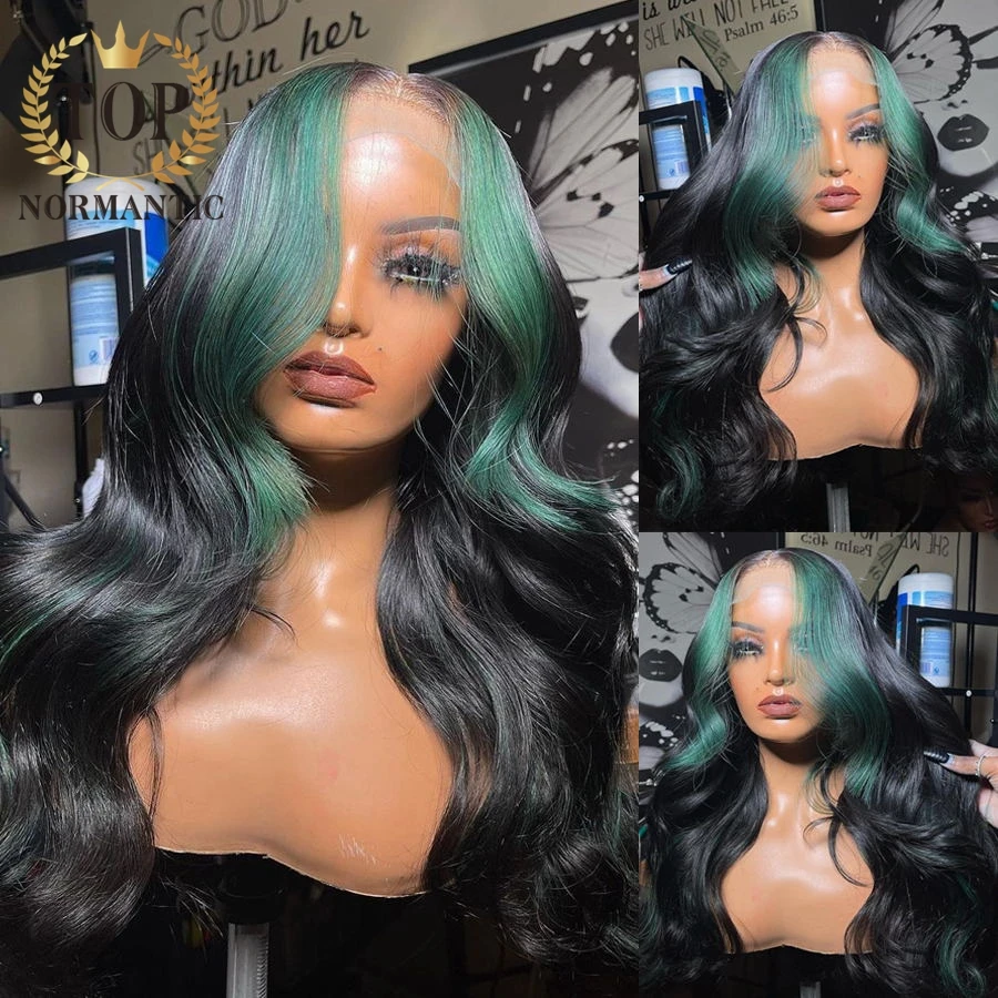 Topnormantic 13x6 Lace Front Body Wave Wigs Preplucked 4x4 Closure Remy Brazilian Human Hair Highlight Green Color Wig for Women