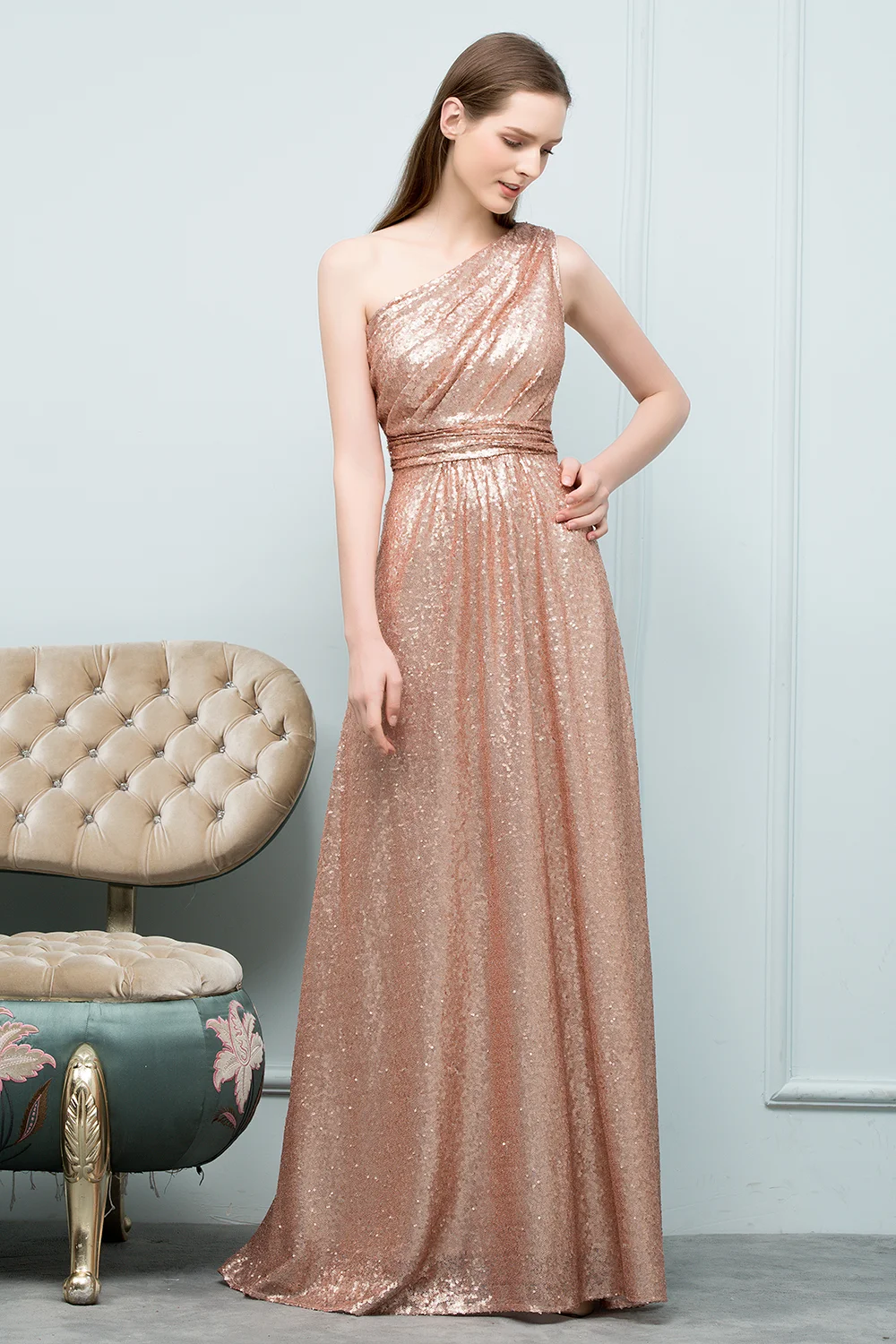 24H Shipping A-line Rose Gold Evening Dresses Long Luxury Sequin V Back Women Formal Wedding Prom Party Gowns robes de soirée