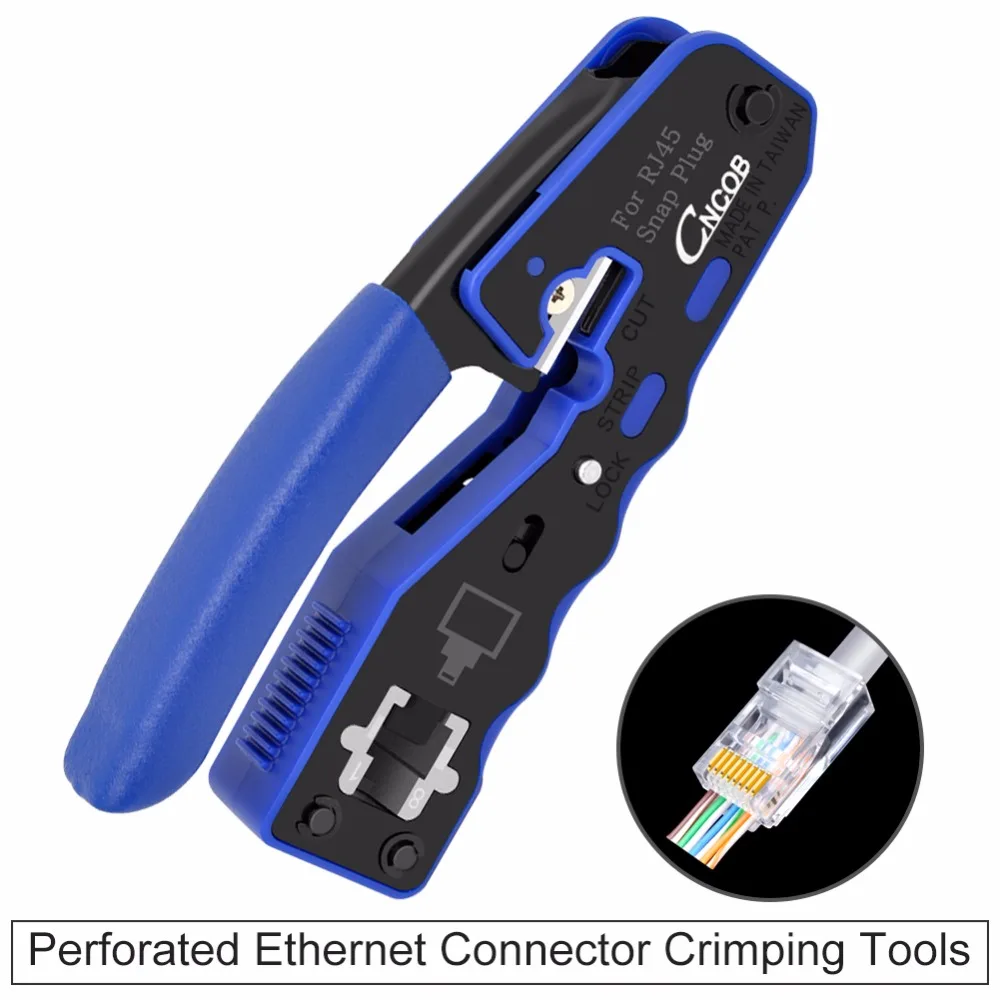 RJ45 Crimper tool Kit for Cat5 Cat6 Cat6a Pass Through Connectors Shielded Modular Plugs 8P8C Crimp Tool Blue