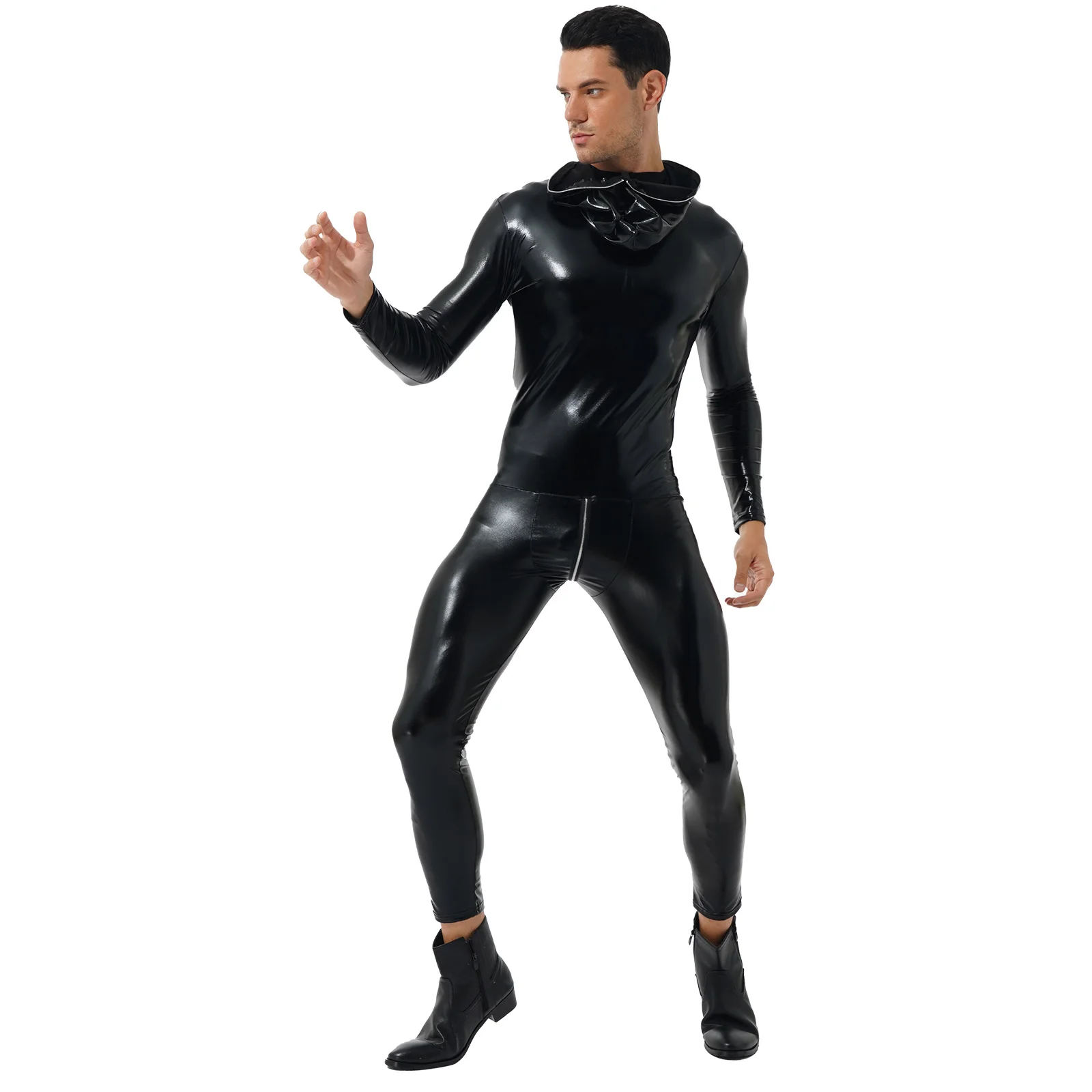 Men Latex Catsuit Wet Look Shiny Patent Leather Hooded Bodysuit Zipper Skinny Jumpsuits Nightclub Halloween Role Play Costumes