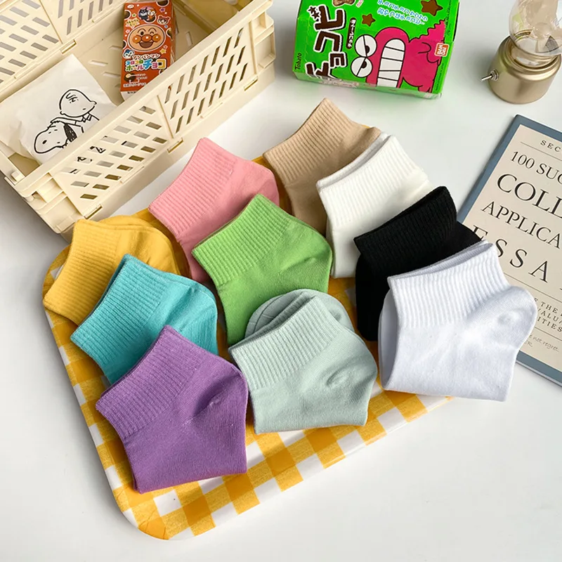 20Pcs=10Pairs Socks For Wholesale Solid Color Soft Breathable Womens Cotton Socks Pack Spring Summer Japanese Harajuku Sock Set
