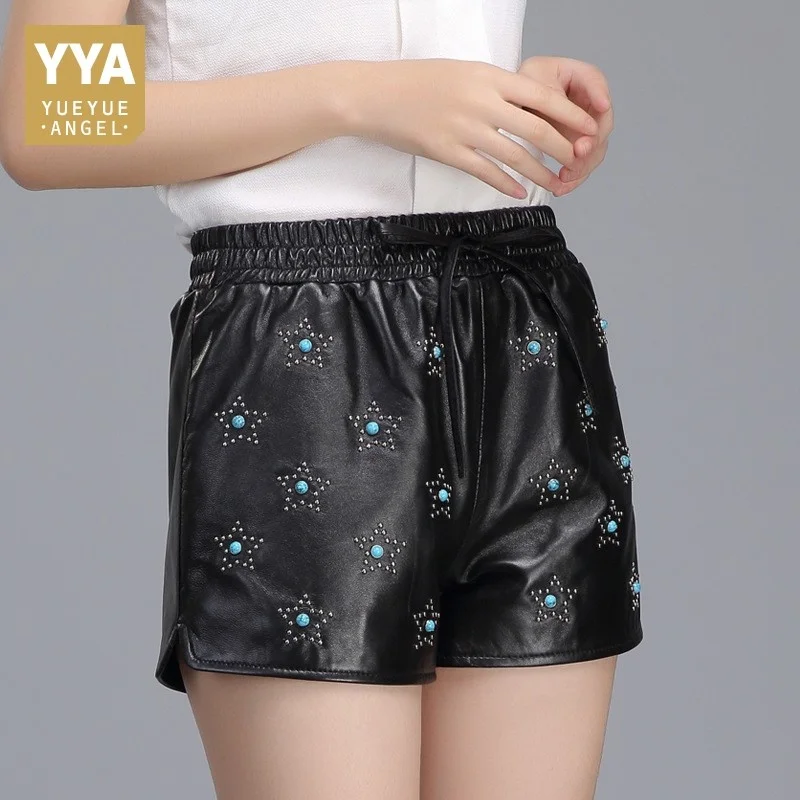 

Fashion Summer Female Real Leanther Trousers Casual Print Stars Streetwear Skinny Elastic Mid Waist OL Sheepskin Shorts Woman