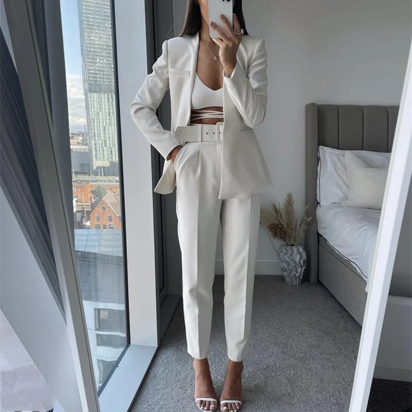 Woman Elegant Solid Slim Blazer Suit 2021 Spring Casual Female High Waisted Pencil Pants Suits Office Ladies 10 Color 2 Pcs Sets