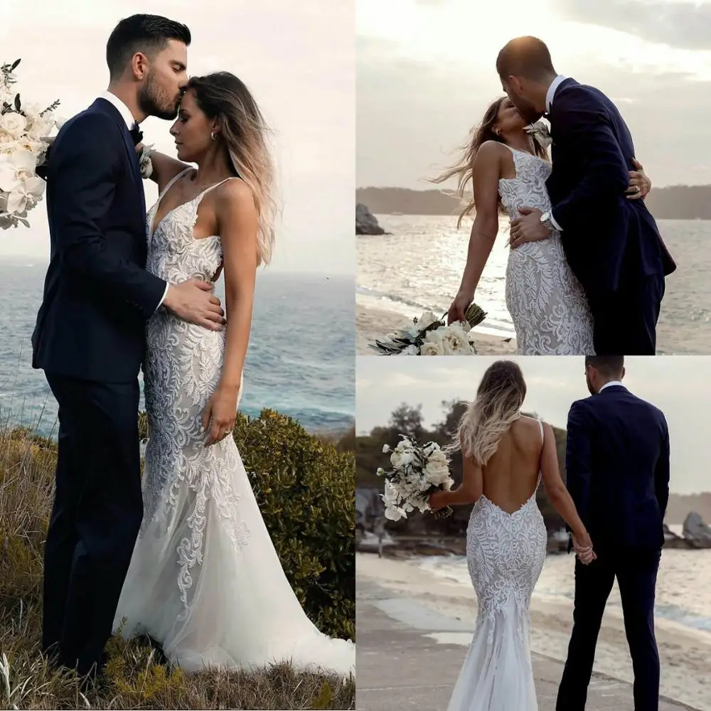 Boho Mermaid Wedding Dresses Sexy V Neck Lace Appliques Bridal Gowns Sweep Train Backless Wedding Dress robes de mariée