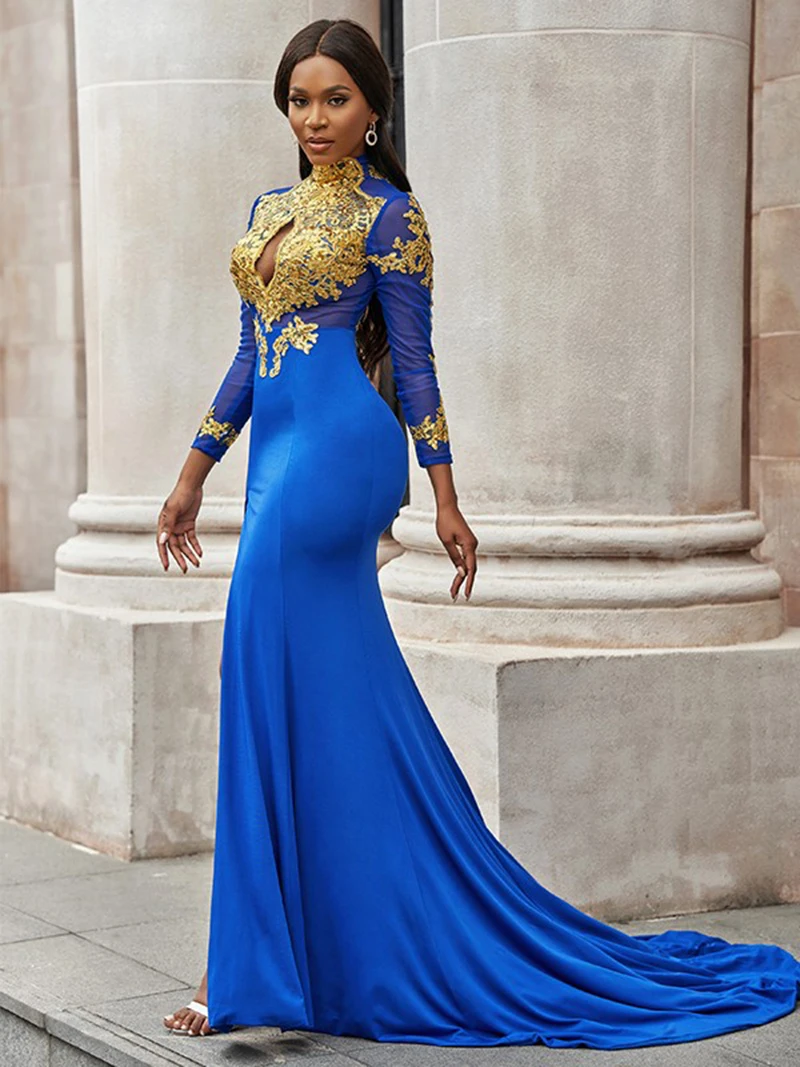 SoDigne Dubai abito da sera a tromba/sirena blu Applique in pizzo dorato collo alto caftano arabo abito da ballo formale speciale