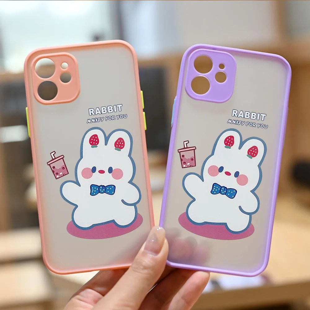 Kawii Cartoon Milk Tea Rabbit Phone Case For iPhone 13 Pro MAX 11 12 XS X 7 SE20 XR 8 Plus Strawberry Hard Cover Matte Coque