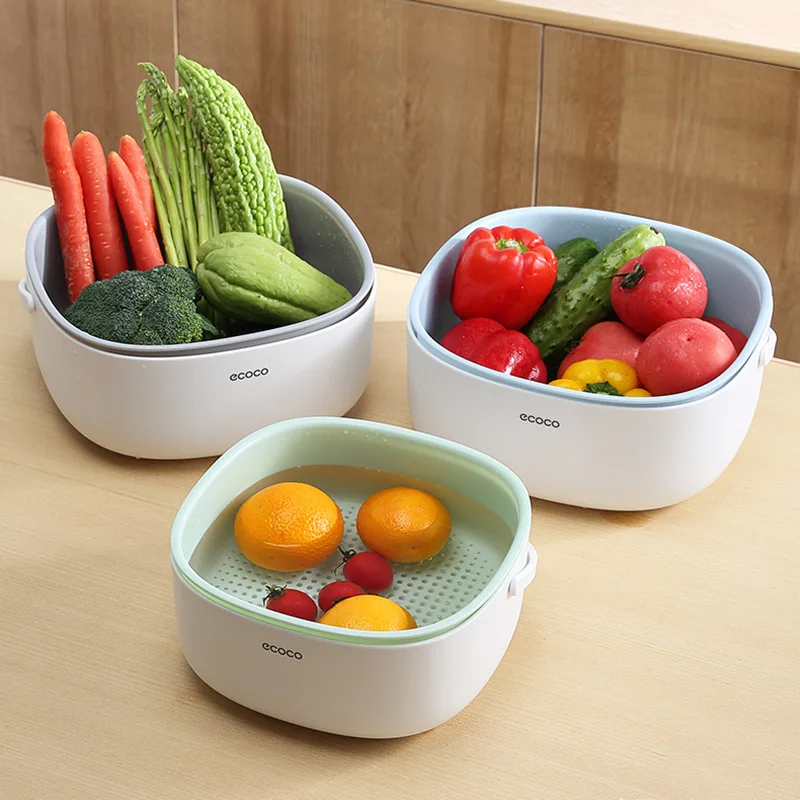 

ECOCO Washing Basket Drain Container Sink Kitchen Pots Double Filter Handle Case Living Room Fruit Snacks Coffee Table Plate New