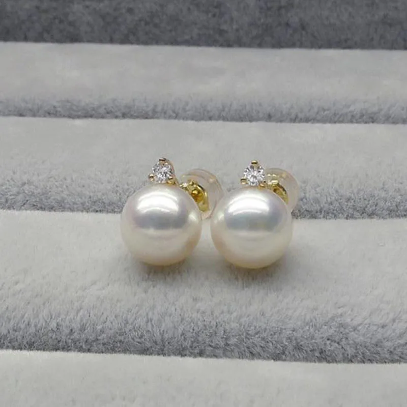 Free Shipping 18k Yellow Gold AAA White Akoya Cultured Pearl Diamond Earrings 8.5-9mm