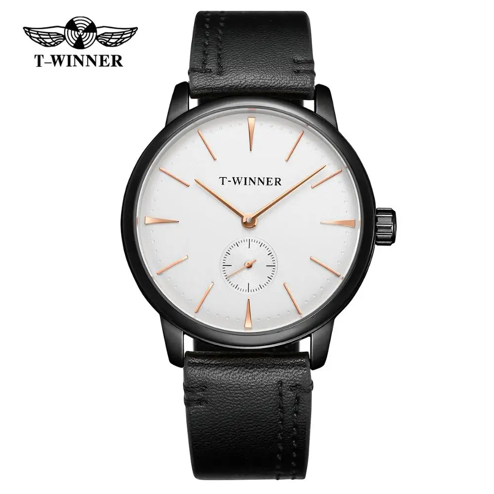 T-WINNER simple casual men\'s and women\'s watch white dial rose gold time scale black leather strap automatic mechanical watch