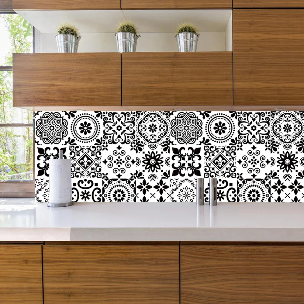 16pcs/set Black & White Tiles Sticker Kitchen Backsplash Wardrobe Bathroom Waterproof Peel & Stick Bright Film Art Wall Decals