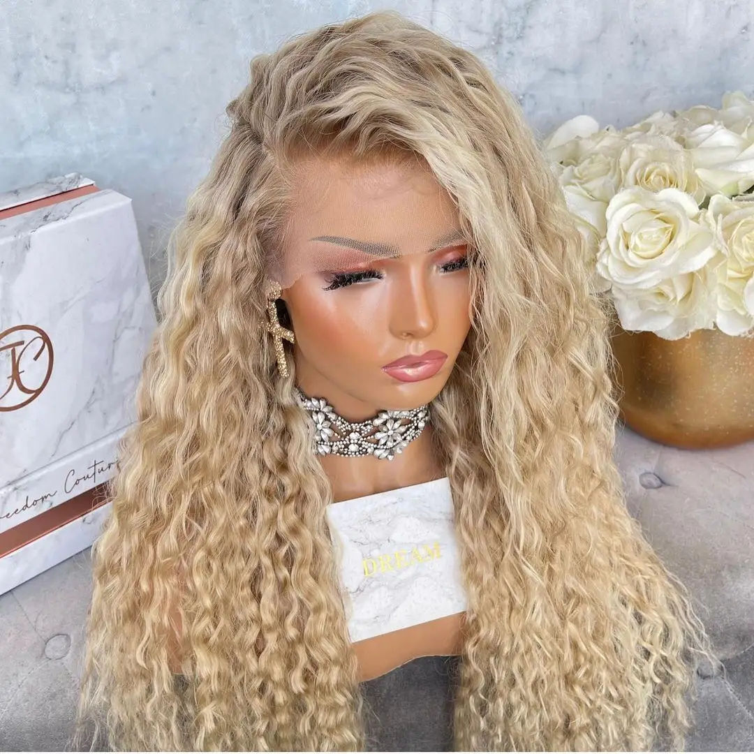 High Density 200% Blonde Curly Human Hair Wig Pre Plucked Side Part with Baby Hair 13x4 Lace Front Wig 28\