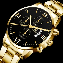 Business Brand Luxury Men's Military Quartz Watch Men's Stainless Steel Gold Black Calendar Date Watch Male Clock Relogio