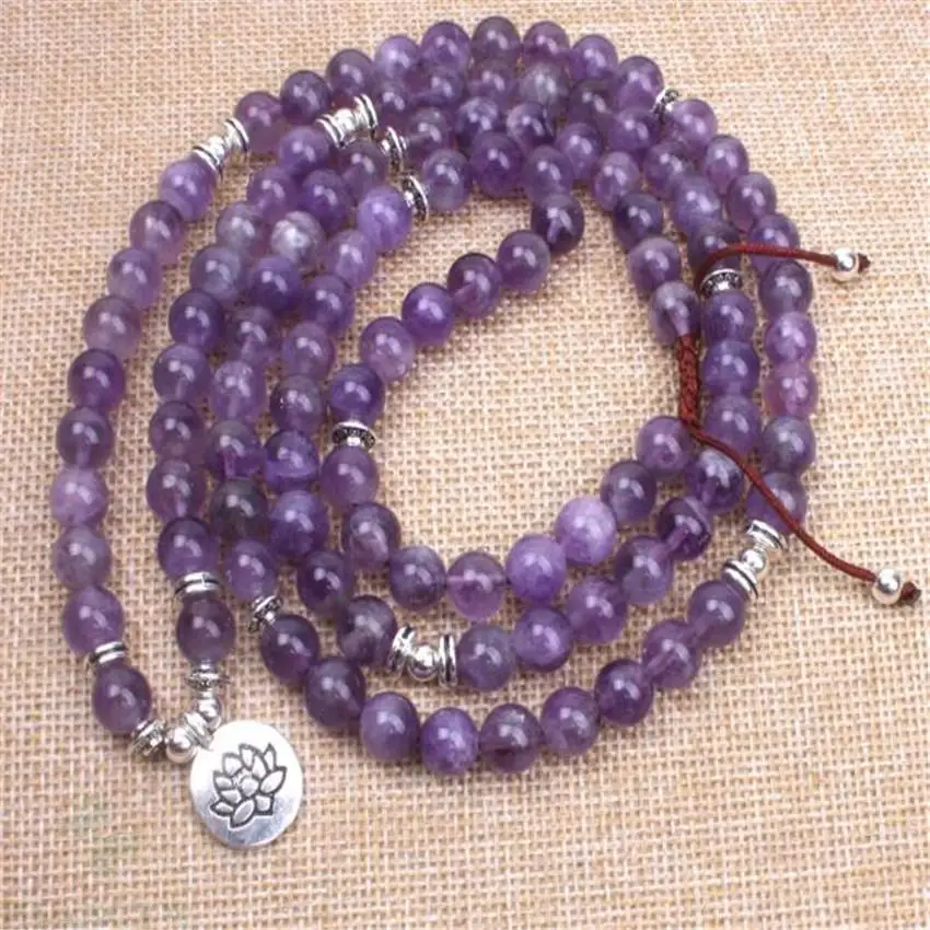 

8mm Amethyst Gemstone 108 Beads Lotus Pendant Mala Necklace Meditation Fancy Chakra Healing MONK Buddhism natural Handmade Wrist