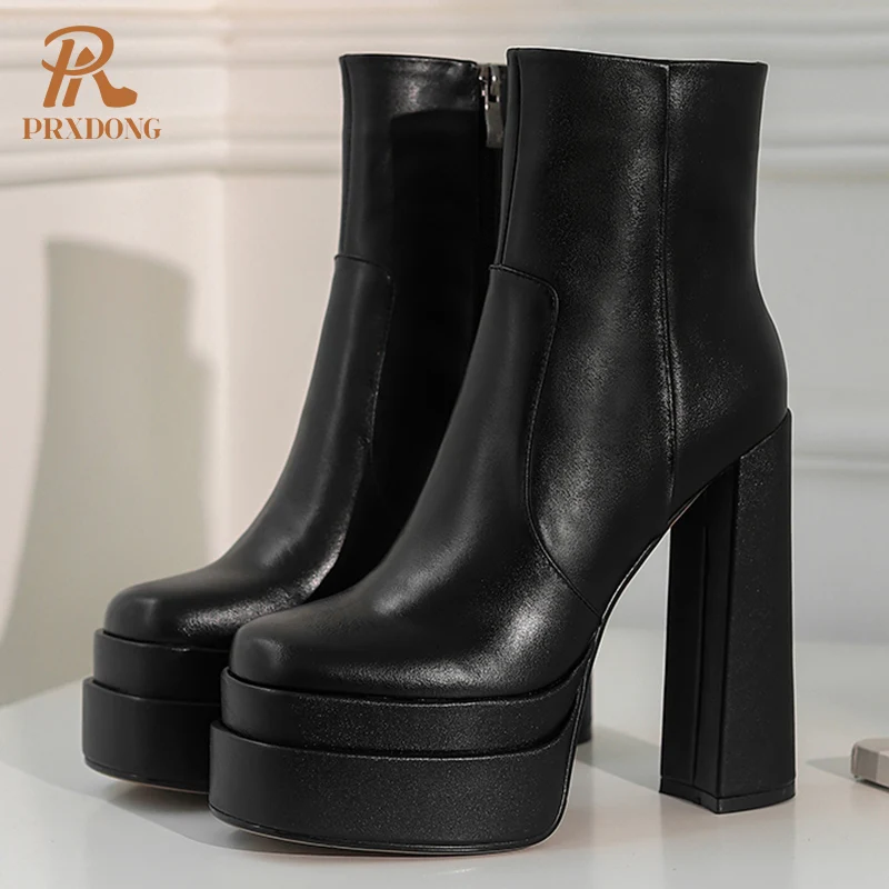 2021 Top Quality Ladies Boots Genuine Leather Women Ankle Boots Zipper High Heel Platform Female Shoes Concise Retro Black White