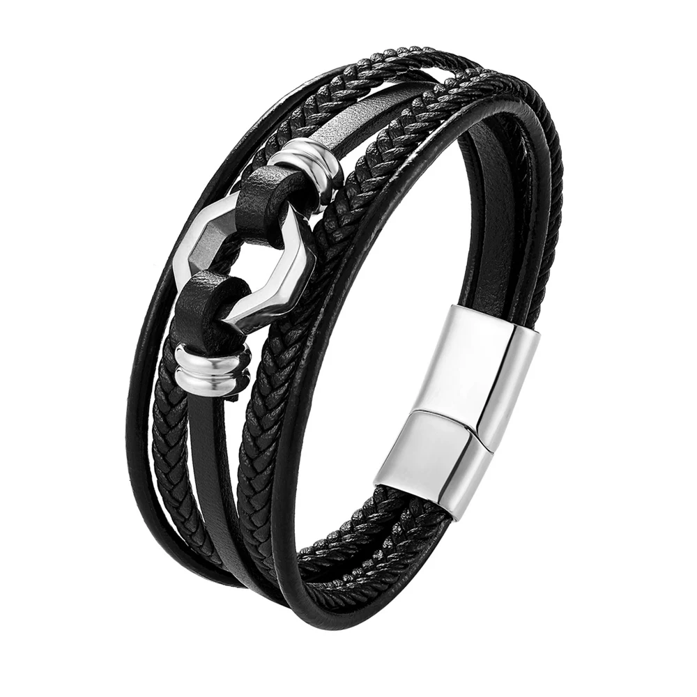 New Multi-layer Style Hand-woven Accessories Combination Stainless Steel Bracelets Men Leather Bracelet Gold Steel Color Jewelry