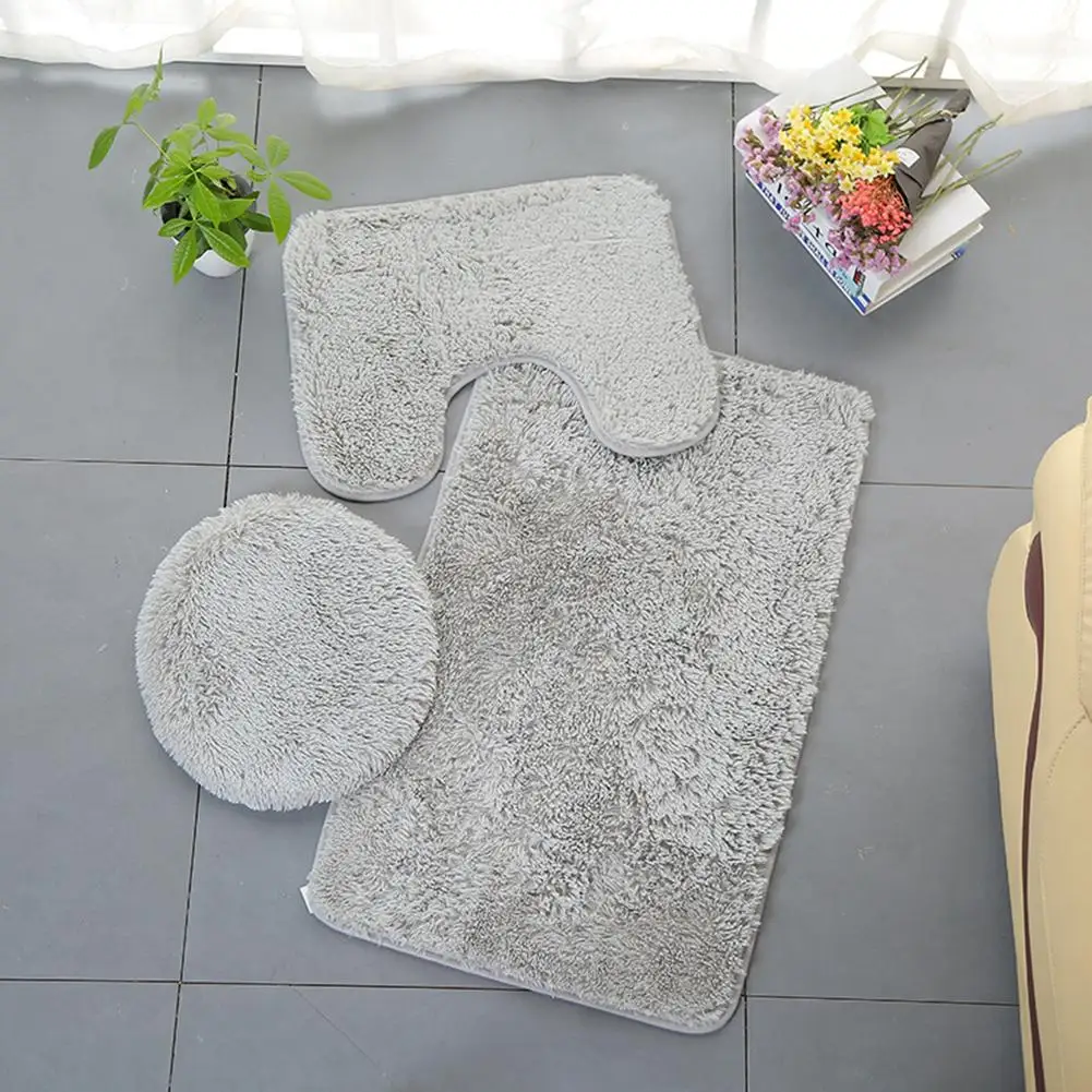 3-piece bathroom non-slip solid color carpet floor mat, PV velvet toilet cover, U-shaped cushion, absorbent non-slip carpet set