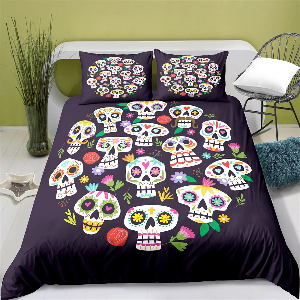 Home Textiles Printed Dense Skeleton Bedding Quilt Cover & Pillowcase 2/3PCS US/AE/UE Full Size Queen Bedding Set