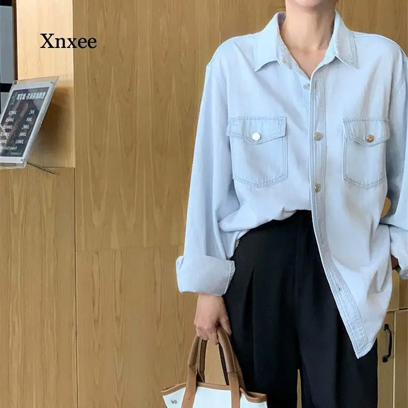 Women's Fashion Korean Women's Denim Loose Long Shirt Women Lapel Collar Long Sleeve Shirt Women Casual Shirt Jacket