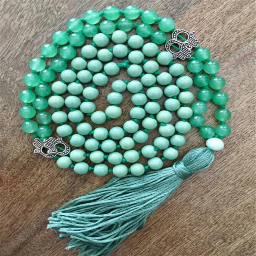 

8mm Green Aventurine Gemstone Tassel Mala necklace 108 Beads MONK Chakas chain Healing natural cuff Buddhism Stress Reiki yoga