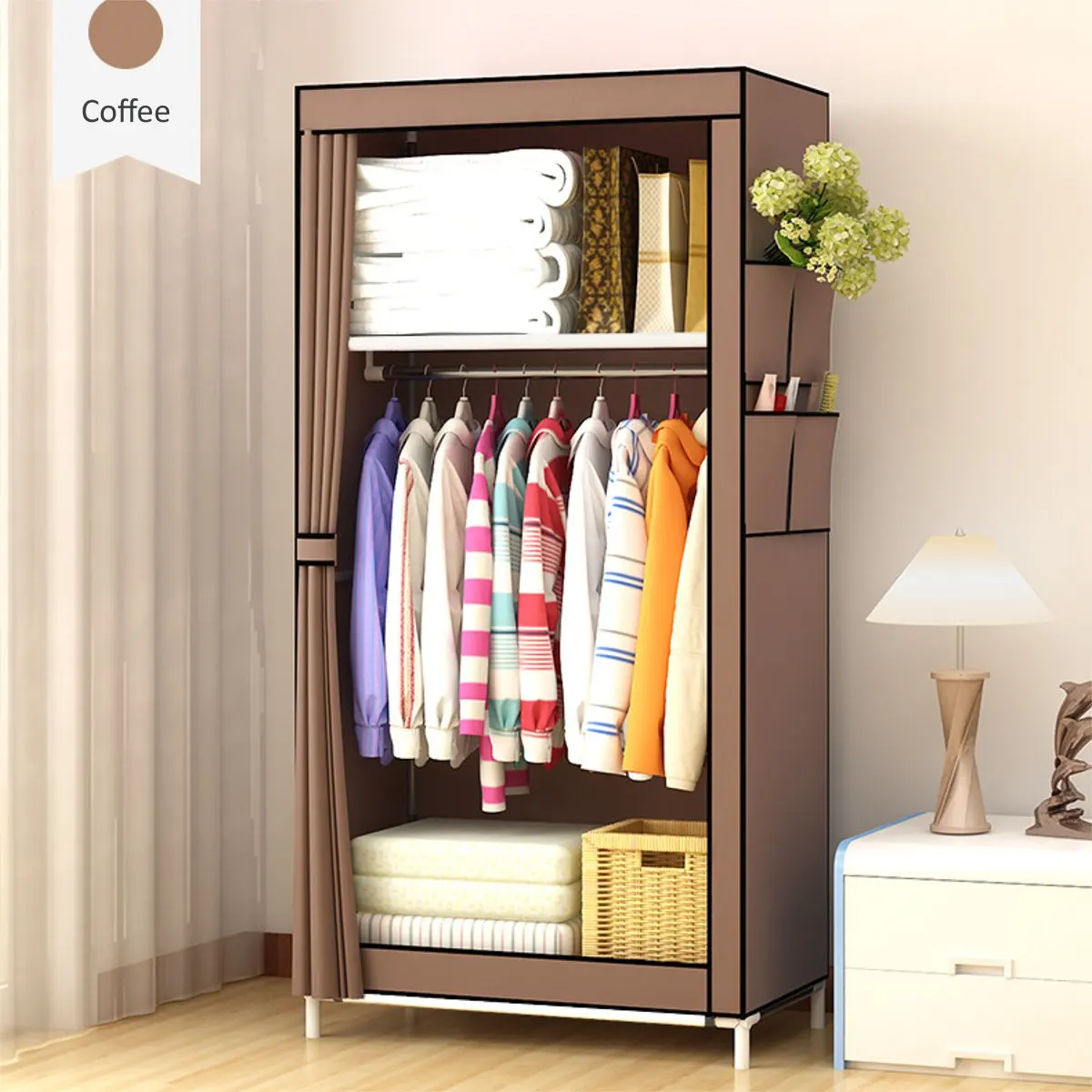 59 Inch Non-Woven Fabric Wardrobe Clothes Storage Cabinet Organizer DIY Assembly Dustproof Wardrobe Shelves Home Furniture