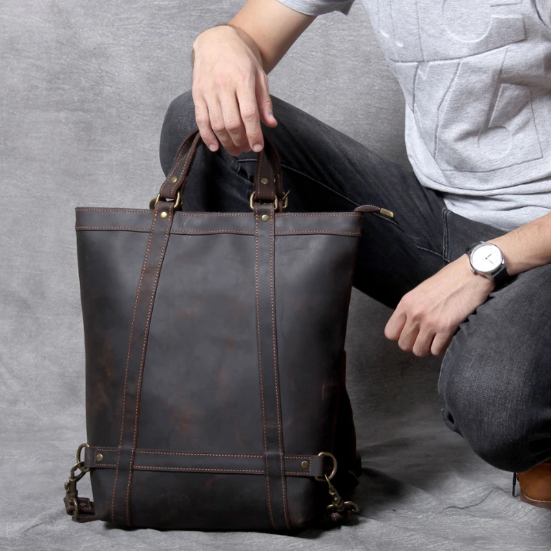 Newsbirds Leather Backpack Handbag Dule Use Crazy Horse Leather Men's Travel Bag Real Cowskin Travel Backpack men male day pack