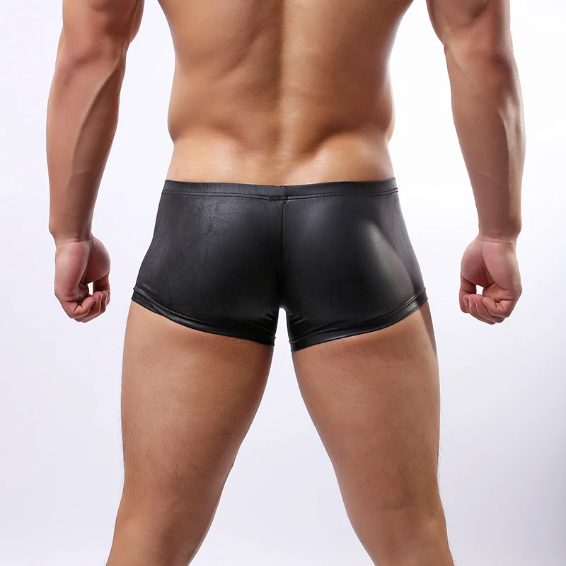 Calzoncillos bóxer de piel sintética para hombre, ropa interior Sexy de cintura media, sin costuras, color negro, gran bulto, gran oferta, Verano