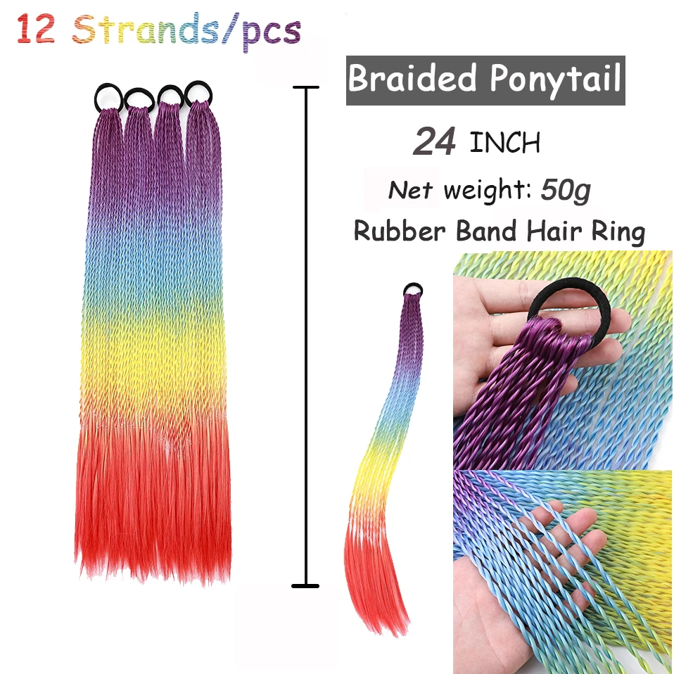 Benehair 24inch Colorful Braided Ponytail Elastic Hair Rope Headdress Rubber Bands Twist Braides Hair Hair Ring For Cute Girls