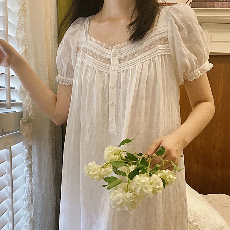 Pure Cotton Victorian Night Dress Women White Short Sleeve Long Robe Peignoir Romantic Vintage Nightgowns Princess Sleepwear