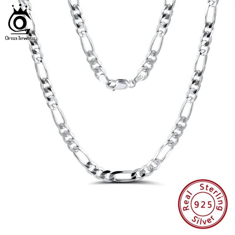 ORSA JEWELS Italian 925 Sterling Silver Diamond-Cut Figaro Chain Necklace S925 Silver Craft Men Women Neck Chains Jewelry SC34