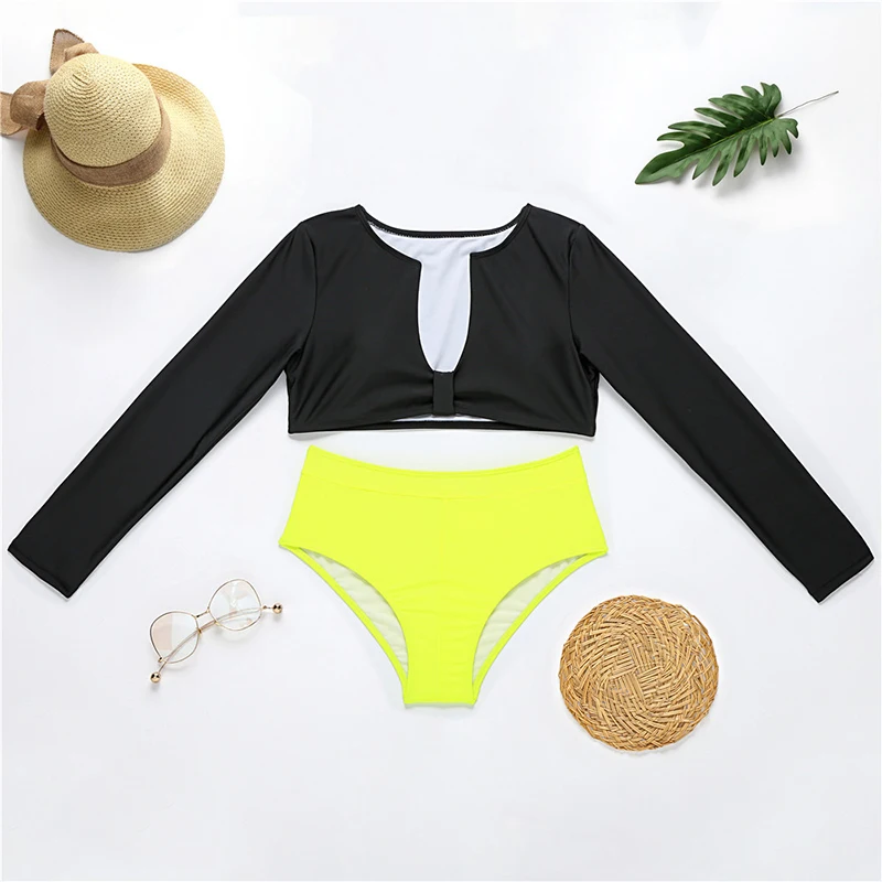 Vikionfly Swim Crop Top Sexy High Waist Bikini Set Women 2021 Neon Green Long Sleeve Deep V Neck Swimwear Swimsuit Bathing Suit