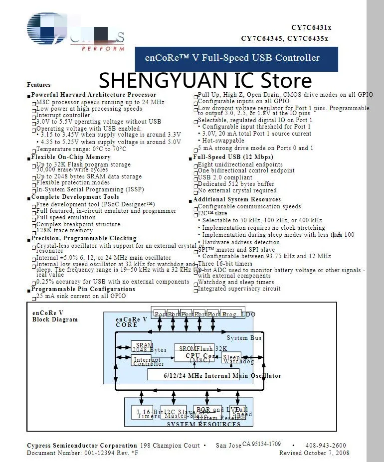 2 pcs CY7C64345-32LQXC CY7C64345-32LQXCT CY7C6434532LQXC QFN-32 enCoRe™ V Full-Speed USB Controller Original New 100% quality