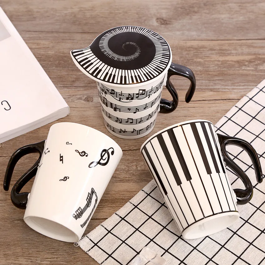 Creative Ceramic Mug with Cup lid Coffee Cup Piano Musical Note Coffee Mugs Tea Cup Porcelain Travel Cup For Milk Mug