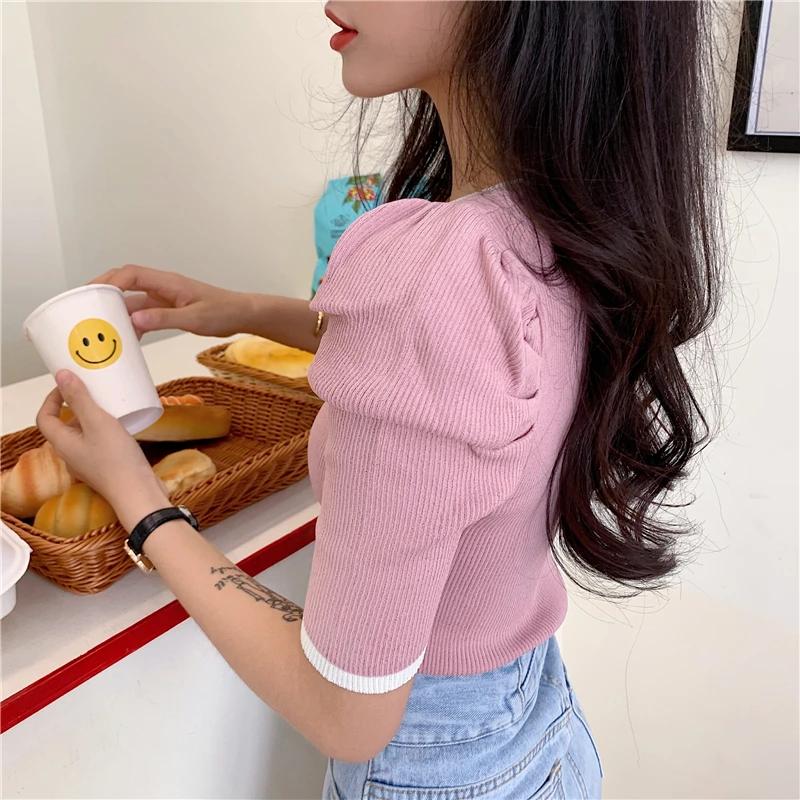 Women Short Puff Sleeve Tee Shirts Lady Fashion Patched Square Collar Knit Stretchy Chic Crop Tops T-shirts For Girls Summer