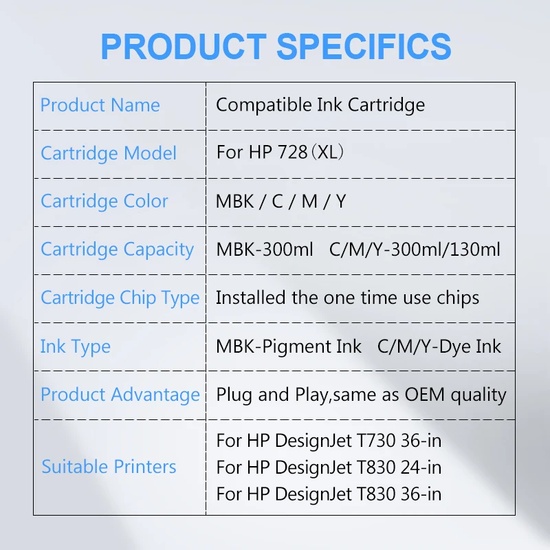 Ocbestjet для HP 728 728XL совместимый чернильный картридж для HP DesignJet T730 T830 с полными чернилами F9J68A F9J67A F9J66A яркий цвет