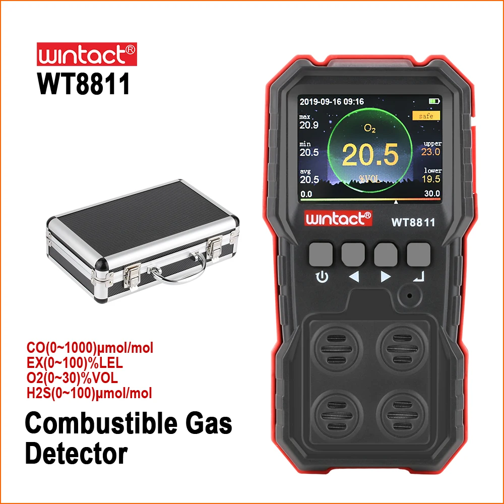 

WINTACT Compound Gas Monitor Multi Rechargeable 4 in 1 Digital Combustible O2 H2S CO Gas Sensor Vibrating Light Alarm Detector